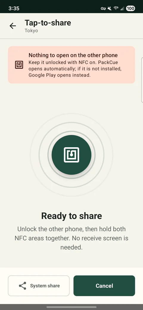 PackCue Tap-to-share screen waiting for an NFC phone